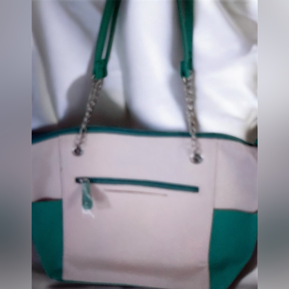 Stone Mountain Large Teal White zip Tote Bag Preoved W 17”x H 12”Handle drop 11”